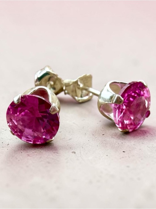 Natural Pink Sapphire Stud Earrings 6MM 925 Sterling Silver Round FaceteVibrant - Picture 2 of 5